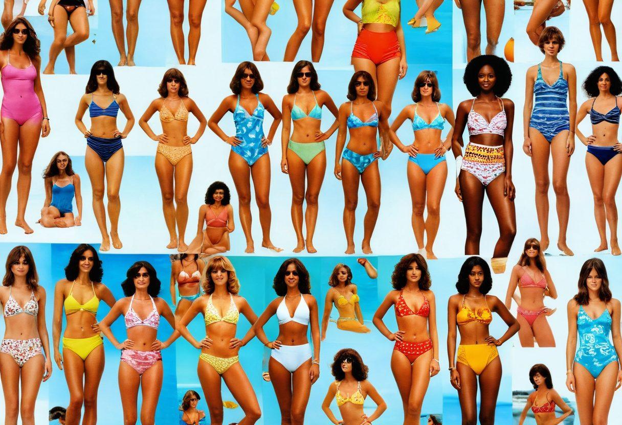 A collage showcasing the evolution of beachwear from 1970s two-piece swimsuits to modern sophisticated beachwear, emphasizing vibrant colors and diverse styles. Include silhouettes of iconic beach scenes with models of diverse body types posing confidently. Incorporate elements of the adult entertainment industry subtly in the background, such as vintage posters or film strips, to add context. The image should convey a sense of fun and empowerment. super-realistic. vibrant colors. white background.